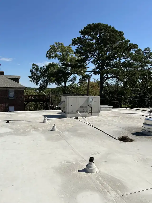 A commercial flat roof with a rooftop HVAC unit at the far edge under tall trees and a blue sky